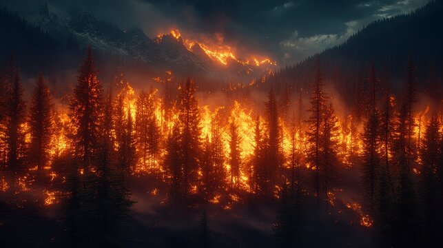 Forest engulfed in flames; mountains visible
