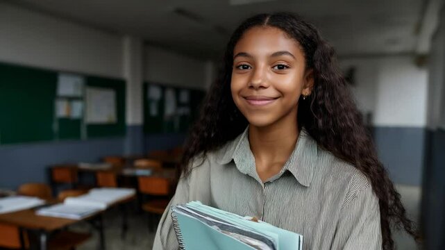 african american smiling female student holding textbooks in hands in school hallway against background of lockers, college, study, education, schoolgirl, girl in high school