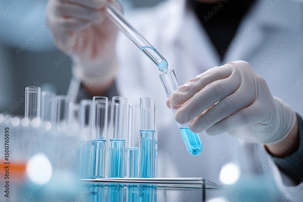 Poster Close up of scientist carefully adding blue reagent to test tube during experiment in modern laboratory setting