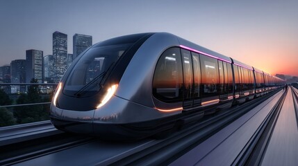 Naklejka premium A silver train is traveling down a track in a city