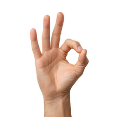 A single hand making the ok gesture with fingers extended against a plain transparent background studio shot