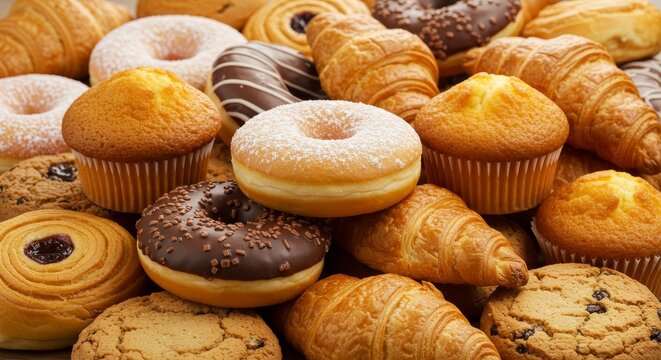 Photo of Assorted Fresh Baked Pastries Including Donuts Muffins and Croissants - Powered by Adobe