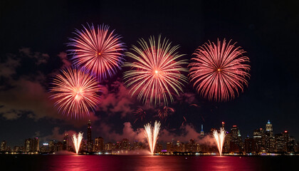 Colorful fireworks bursting over city skyline at night, Independence Celebration