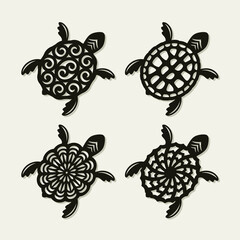 Set of four cute turtles. Brown reptiles with a decorative pattern on the shell. Template for plotter laser cutting of paper, fretwork, wood carving, metal engraving, cnc. Vector illustration.