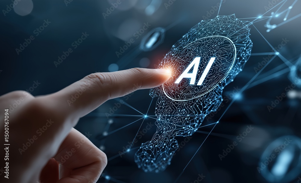 Poster businessman touching ai symbol, activating artificial intelligence in futuristic digital data networ
