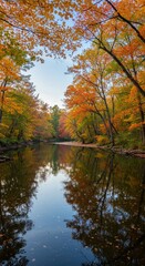 Photo Of Autumn Trees Reflecting In Calm Lake With Vibrant Colors And Sky