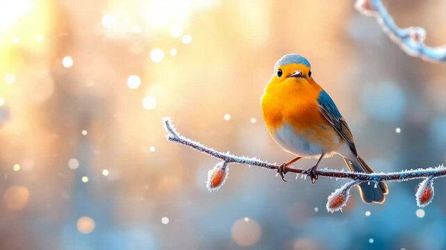 A vibrant robin perches on a frosty branch, embodying winter serenity and seasonal beauty bokeh effect
