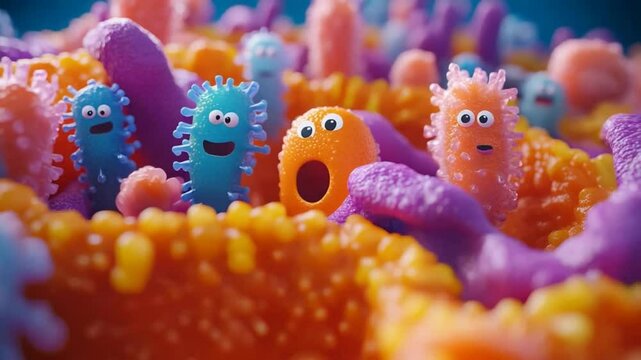 Colorful 3D-rendered bacteria in vibrant hues, showcasing microbial diversity and microbiome concepts