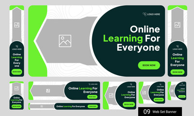Customizable vector online education web set banner design for social media post, daily learning web bundle banner design, editable vector eps 10 file format