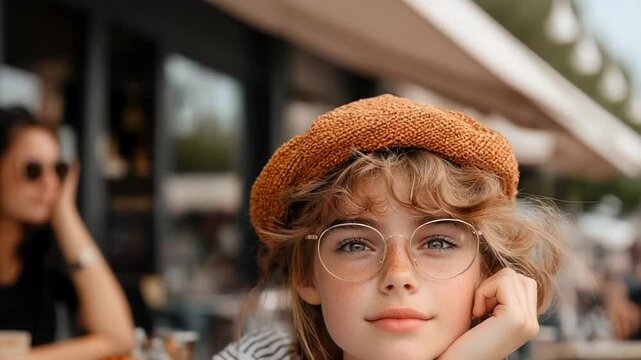 Young Caucasian girl with glasses and a beret enjoys a sunny day at a cafe, embodying leisure and style