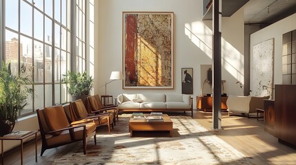 A sun-drenched living area with modern furniture and abstract art.