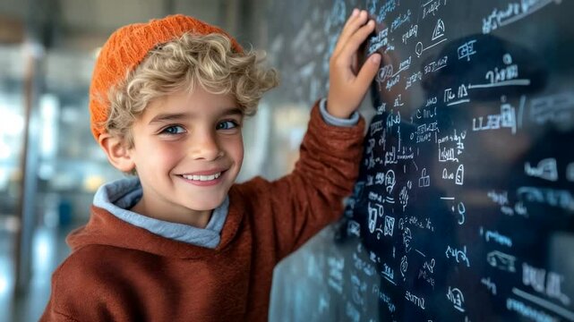 Caucasian boy, around 7 years old, joyfully solves math problems on a chalkboard education learning creativity STEM activities