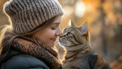 Young Caucasian woman enjoying autumn with her tabby cat cozy knitwear seasonal bonding feline companionship