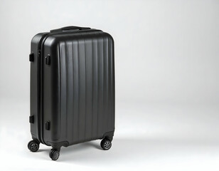 Sleek black suitcase on a minimalist background, ready for travel, showcasing modern design and functionality
