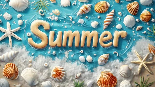 word "summer" made of shells on sand, lettering, vacation, sea, beach, inscription, coast, seashells, wave