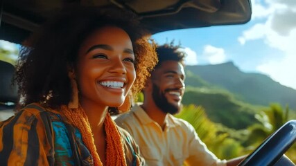 Joyful African American couple driving through lush scenery, embracing adventure and leisure travel road trip vibes