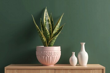 Potted Green Plant in Decorative Pink Pot with Two White Vases on Wooden Surface Against a Green Wall
