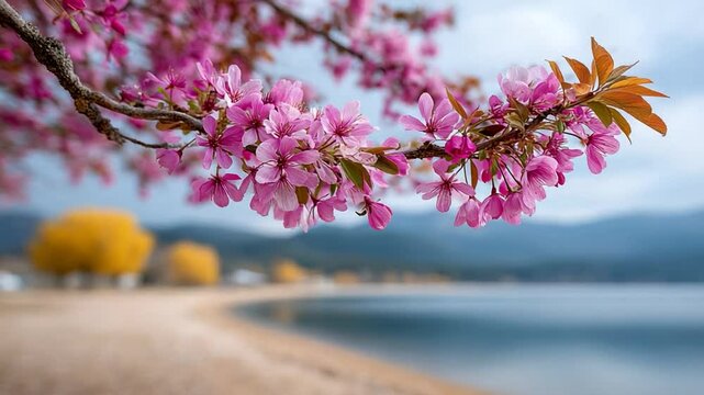 Cherry blossoms bloom by a serene lake, evoking spring, renewal, and tranquility hanami picturesque landscape