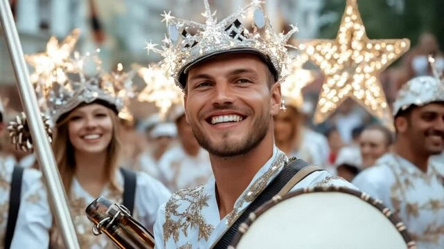 Joyful parade with diverse adults celebrating a festive event, featuring star-themed costumes and musical instruments