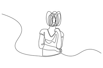 Continuous one line drawing of Woman with confused feelings. Single line drawing illustration of Work burnout and depression anxiety. Mental health concept vector art. Doodle line illustration.