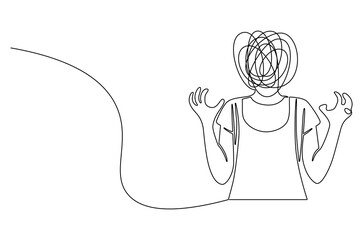 Continuous one line drawing of Woman with confused feelings. Single line drawing illustration of Work burnout and depression anxiety. Mental health concept vector art. Doodle line illustration.
