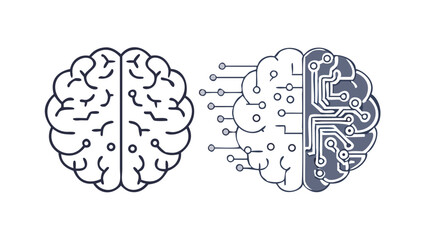 hand drawn vector illustration of human brain and ai