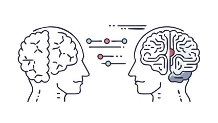 hand drawn vector illustration of human brain and ai