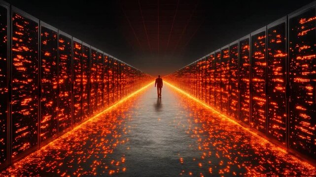 Into the Digital Inferno: A Man Walks Through a Glowing Server Room