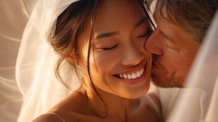 Fototapeta premium A bride and groom are kissing in front of a white veil