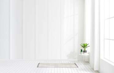 Empty luxury modern Room with a large window and Natural Light, Modern interior design with a light empty mock-up wall. 