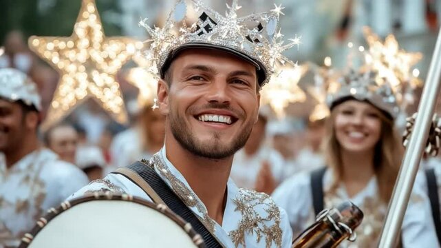 Joyful parade with adults in festive costumes, celebration of the arrival of the Three Wise Kings in Spain, cultural festival, street performance