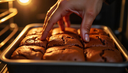 Hand checking warm chocolate brownies in cozy kitchen, baking warmth