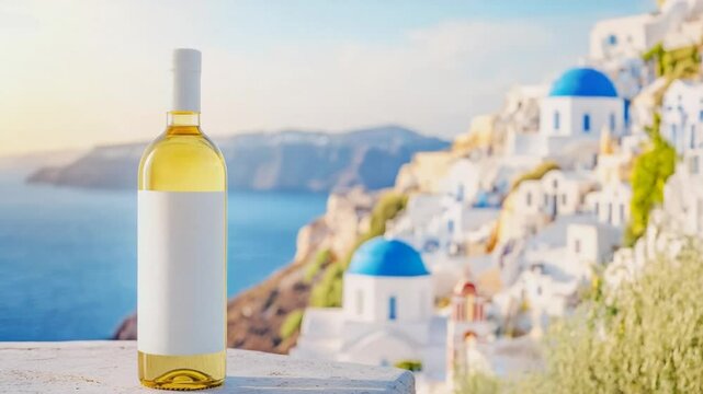 A bottle of white wine overlooks a picturesque Greek island with blue domes, perfect for summer getaways and Mediterranean relaxation