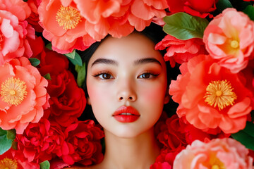 A woman with red flowers in her hair and red lipstick