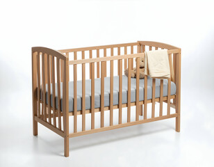 Wooden crib with gray mattress and a soft toy, set against a bright background, ideal for nursery decor