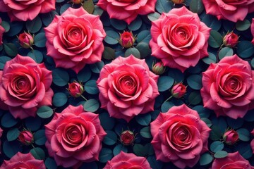 Intricate, repeating rose blossoms in vibrant hues, red, wallpaper pattern, botanical