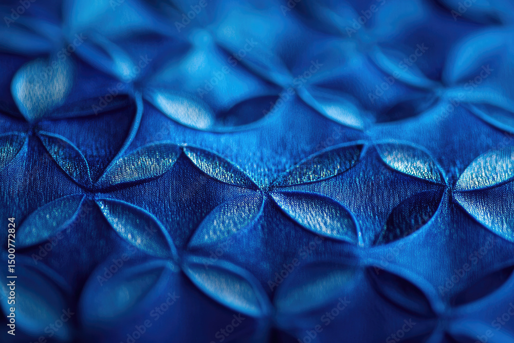 Poster close-up of a textured blue surface with a repeating, embossed, floral-like pattern creating a three