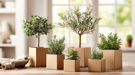 Potted plants in craft boxes on a light-wood table
