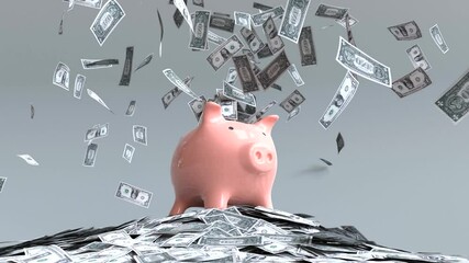 Banknotes flying out of a piggy bank, Financial savings success concept. 3D animation
