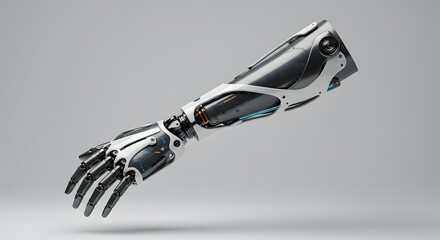 Futuristic Bionic Arm: High-Tech Prosthetic Limb with Advanced Robotics and Sleek Design for Medical Technology, Artificial Intelligence, and Healthcare Innovation Concepts.