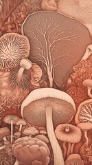 A drawing of a tree with mushrooms and other plants