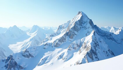 Snow-covered mountain peak, pristine white landscape, stone, winter, nature
