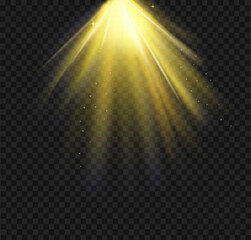 light golden yellow rays burst creating a glowing light effect, sparkling stars on transparent background