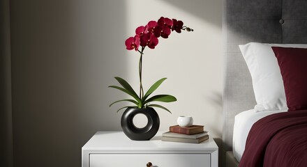 Elegant Bedroom Decor: Burgundy Orchid in Black Vase on White Nightstand with Books, Offering Serene Beauty & Modern Interior Design Inspiration for Your Home.
