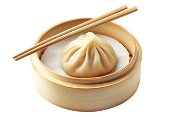 Steamed dumplings Xiao Long Bao in a bamboo steamer with wooden chopsticks isolated on white transparent background, concept of Asian traditional cuisine