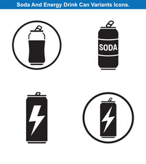 Four Soda And Energy Drink Can Vector Silhouette Icon Set