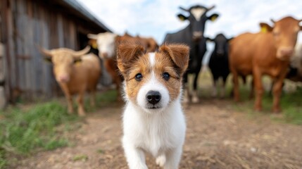 Naklejka premium A dog stands in front of cows on a farm, showcasing rural life and animal interaction.