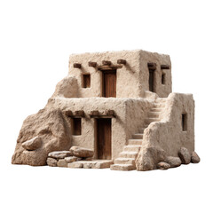 A two story adobe house with wooden beams and doors against a transparent background in a studio shot