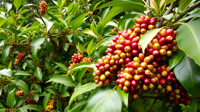 Freshly harvested robusta coffee beans surrounded by vibrant greenery in dak lak, vietnam's lush plantations