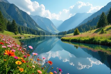 Vibrant wildflowers mirrored in a tranquil lake, wildflowers, graphic